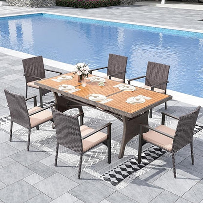 Sophia & William 7 Piece Patio Dining Set, Patio Table and Chairs Set Outdoor Dining Set for 6, Acacia Wood Patio Dining Table Set with PE Rattan Wicker Chairs for Garden, Porch, Backyard