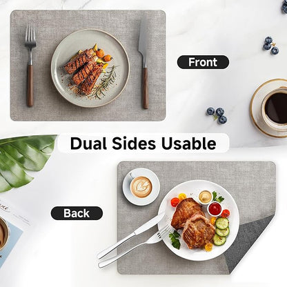 Faux Leather Vinyl Placemats Set of 4 Wipeable Heat Resistant Place Mats 100% Washable - Waterproof - Anti Slip Reversible Table Mats for Kitchen/Dining/Party/Outdoor, 12" x 16.5", Light Grey & Black