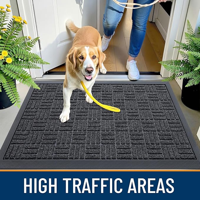 OLANLY Front Door Mat Outside Entrance 33x21, Absorbent, Heavy Duty Sturdy Natural Rubber Doormat Indoor Outdoor, Non-Slip, Stain and Fade Resistant, Low Profile Floor Mat for Entryway, Black Gray