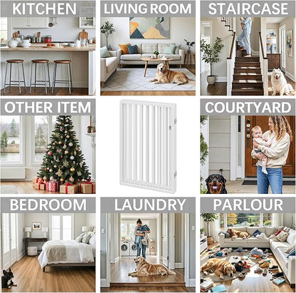 Vantas Folding No-Assembly Metal Pet Gate 80" Wide, 24" Extra Tall Dog Gate with Door Walk Through, Freestanding Accordion Puppy Gate Dog Door for Indoor & Outdoor, with 2PCS Support - White