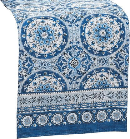 Elrene Home Fashions Vietri Medallion Blue Coastal Block Print Stain & Water Resistant Indoor/Outdoor Table or Console Runner, 13"x70"