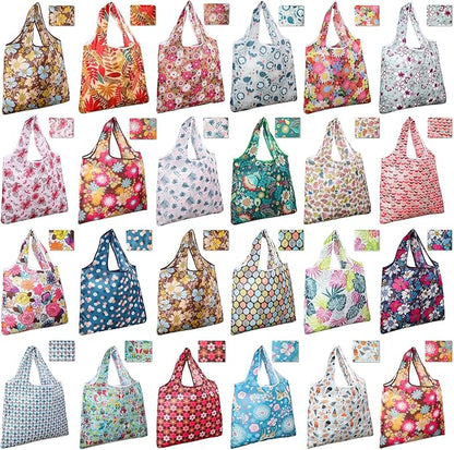Eccliy 24 Pieces Reusable Grocery Bags Polyester Shopping Bags for Groceries Multi Colors Reusable Foldable Shopping Tote(Flower Style)