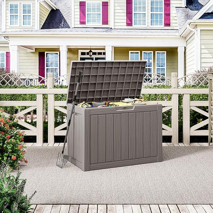 NUNU LAB Outdoor Storage Box, 45 Gallon Outside Deck Box Waterproof, Resin Outdoor Storage Cabinet With Lockable Lid, Backyard Storage Bench For Garden Tools, Patio Cushions, Pool Tools, Gray