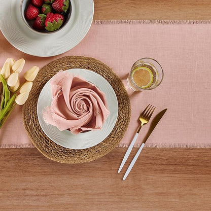 Solino Home Linen Fringe Table Runner 90 Inches Long - 100% Pure Linen Misty Pink Table Runner 14 x 90 Inch for Valentines, Spring, Easter