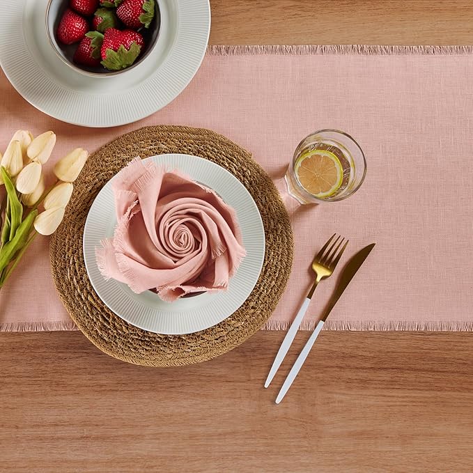 Solino Home Linen Misty Pink Table Runner 72 Inches Long - Fringe, 100% Pure Linen Dining Table Runner 14 x 72 Inch for Valentines, Spring, Easter