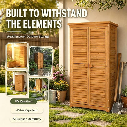 Outvita Outdoor Storage Cabinet, 63in Wooden Garden Tools Shed, Natural | 2 - Image 5