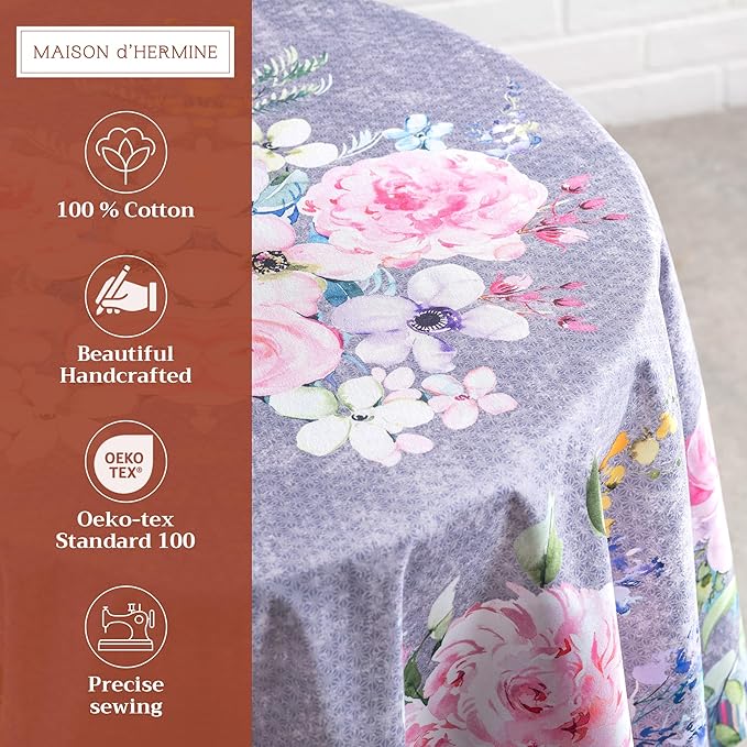 Maison d' Hermine Table Cloth Round Table 100% Cotton 69 Inches Tablecloth Reusable Decorative for Dining Room, Farmhouse, Home, Party, Festive & Wedding Spring Summer - Sweet Rose Lavender - Lush
