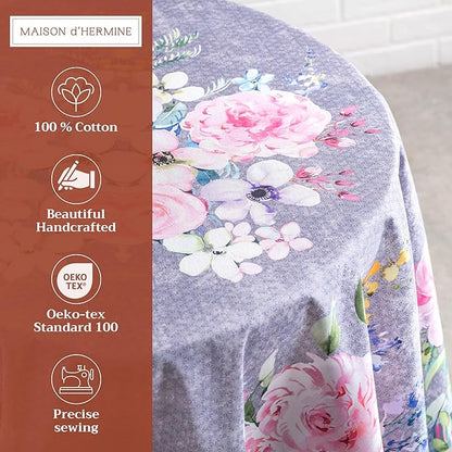 Maison d' Hermine Table Cloth Round Table 100% Cotton 69 Inches Tablecloth Reusable Decorative for Dining Room, Farmhouse, Home, Party, Festive & Wedding Spring Summer - Sweet Rose Lavender - Lush