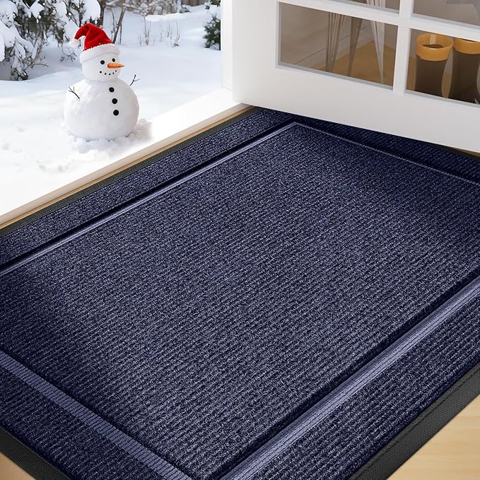 Large Front Door Mat Outside Entrance Indoor Doormat, 36" x 24" Outdoor Mats for Patio Waterproof, Outdoor Door Mats for Outside Entry, Indoor Rugs for Entryway, Sturdy Natural Rubber, Blue