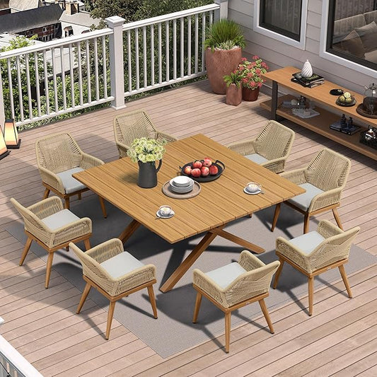 PURPLE LEAF 9 Pieces Outdoor Dining Set All-Weather PE Rattan Outdoor Patio Furniture Set with All Aluminum Frame Square Table and Chairs Set for Lawn Garden Backyard Deck, Teak