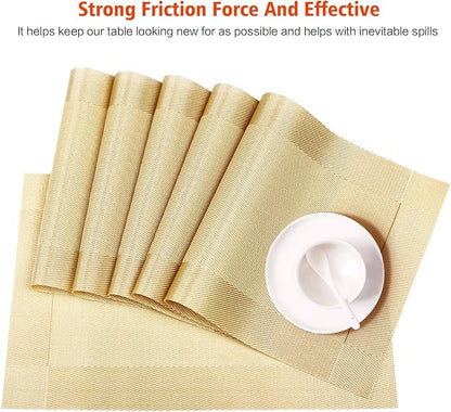Placemats Set of 6,Washable,Heat and Stain Resistant Indoor/Outdoor Place mats,Vinyl Woven Non Slip Table Mats for Restaurant Table Protection,PVC Placemats(Gold 6PCS)