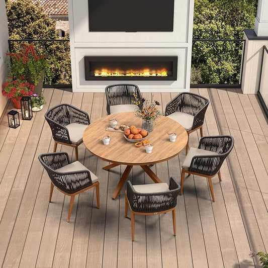 PURPLE LEAF 7 Pieces Round Outdoor Dining Set Outdoor Dining Table and Chairs Aluminum Wicker Rattan Patio Furniture Set for Lawn Garden Backyard Brown