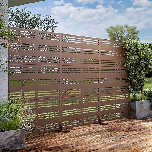 Casaphoria 72" H x 47" W Metal Outdoor Privacy Screen, Freestanding Decorative Divider for Patio, Deck, Balcony, and Garden with Stable Base, Brown-Harold