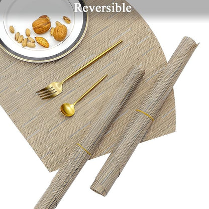 SHACOS Large Size Wedge Placemats with Centerpiece Mat Set of 5, PVC Woven Vinyl Placemats for Round Table Washable Indoor Outdoor Table Mats Reversible Durable, Tan