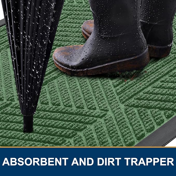 Smiry Front Door Mat Outside Entrance, Heavy Duty Sturdy Natural Rubber Doormat, Trap Dirt and Moisture, Easy Clean Low Profile Mats for Indoor Outdoor Entry, Irregular Triangle (59x24, Green)