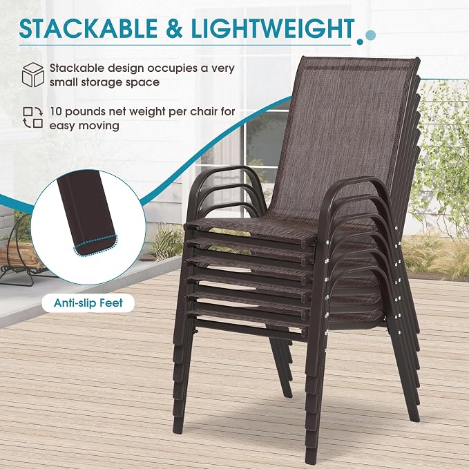 24.4" Wide Outdoor Stackable Chairs Set of 6 | Stacking Patio Chairs - Image 6