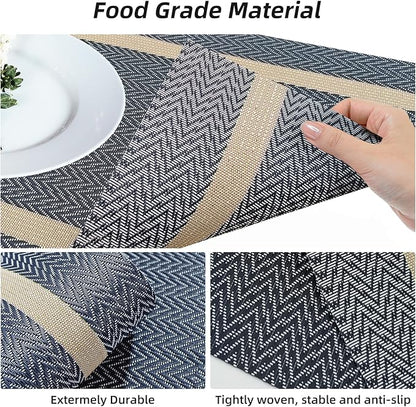 Vinyl Placemats Set of 8, PVC Woven Washable Non-Slip Table Mats, Heat Resistant Wrinkle Free Place Mats for Dining Table, Easy to Clean (Dark Blue)