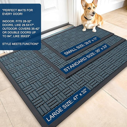 OLANLY Front Door Mat Outside Entrance 35x23, Absorbent, Heavy Duty Sturdy Natural Rubber Doormat Indoor Outdoor, Non-Slip, Stain and Fade Resistant, Low Profile Floor Mat for Entryway, Lake Blue