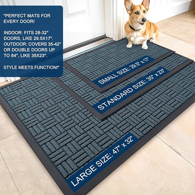 OLANLY Front Door Mat Outside Entrance 71x23, Absorbent, Heavy Duty Sturdy Natural Rubber Doormat Indoor Outdoor, Non-Slip, Stain and Fade Resistant, Low Profile Floor Mat for Entryway, Lake Blue