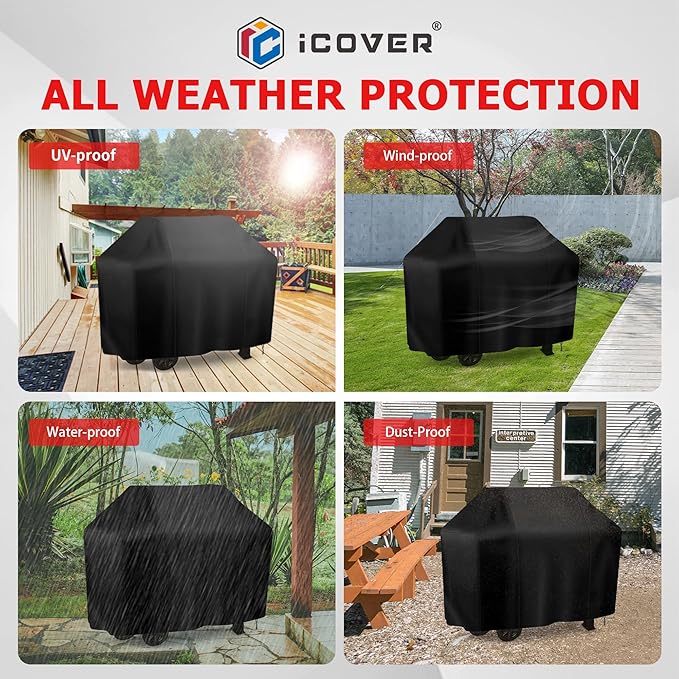 iCOVER Grill Cover, 65 inch BBQ Grill Cover for Outdoor Grill, Anti-UV & Fade Resistant Gas Grill Cover, Waterproof Barbecue Grill Covers for Weber, Char-Broil, Nexgrill and More, Black
