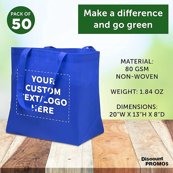 DISCOUNT PROMOS Custom Southern Style Grocery Tote Bags Set of 50 - Personalized Bulk Pack, Reusable Grocery & Shopping Bags - Great for Travel, Carry on Bag, Business Promotions - Blue - 20"X13"X8"