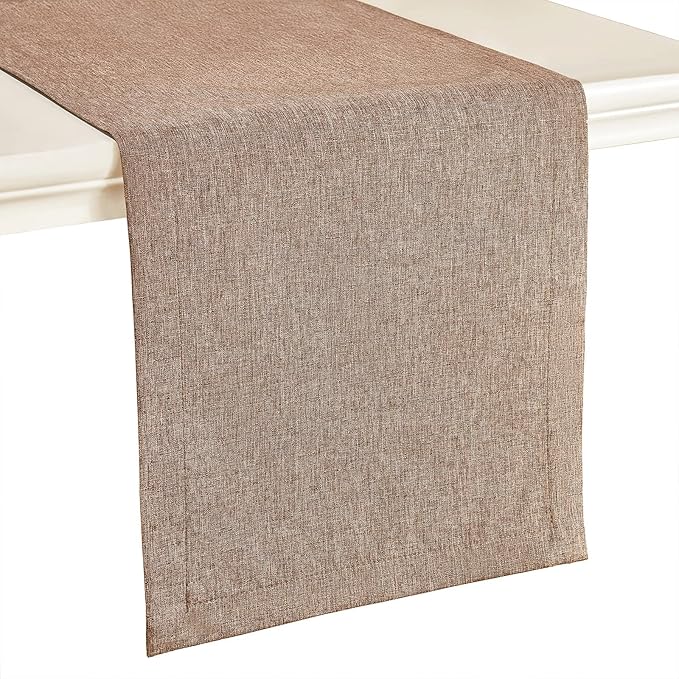Mebakuk Linen Farmhouse Table Runner Large Burlap Style Soft and Waterproof Decorative Fabric Runner for Outdoor Wedding and Dinner (14 x 90 Inch, Flaxen)