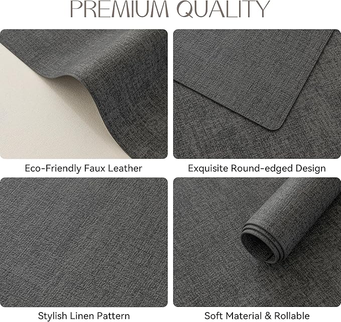 Romanstile Vinyl Placemats Set of 6-12 X 17 Inch - Heat Resistant Place Mats 100% Waterproof Oilproof Wipeable Reversible Faux Leather Table Mats for Kitchen, Dining, Party, Outdoor, Charcoal