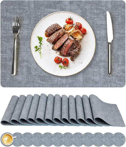 Vinyl Placemats Set of 12, Faux Leather Waterproof and Heat Resistant Place Mats, Washable Anti-Slip Table Mats with Coaster, Wipeable Placemats for Indoor & Outdoor 17" x 12" (Light Blue, Set of 12)