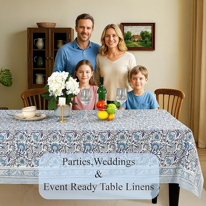 CPC Tablecloth 100% Cotton 70x108 Inch Indian Block Print Rectangle Table Cover, Blue Table Cloth for Weddings, Spring/Summer, Barbeque - Indigo Blue