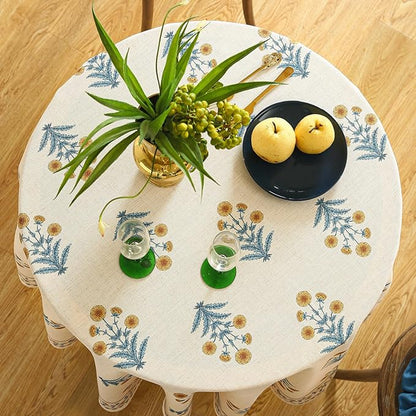 ISAENNE Designer French Pale Yellow Small Round Tablecloth,Linen Floral Table Cloth,Wrinkle Resistant Decor Tablecloths for Dining Thanksgiving Banquet Kitchen Party,Diameter 55"-Estevan A