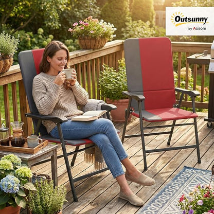 Outsunny Folding Patio Chairs Set of 2 Padded High Back Armrests Red | Folding - Image 2