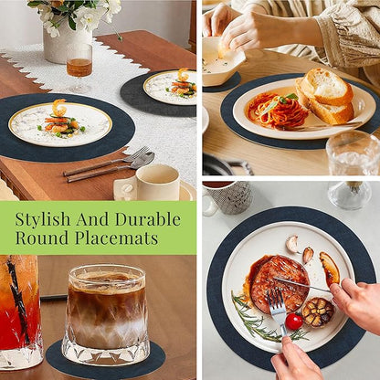 13-Inch Faux Leather Round Placemats Set of 8, Waterproof Anti-Slip Dual Sided Place mats, Heat Resistant Washable Table Mats with Coaster, Suitable for Indoor & Outdoor (8, Black Navy Blue)