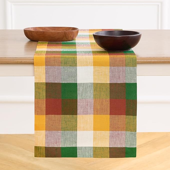 Solino Home Checkered Linen Table Runner 36 Inches - 100% Pure Linen Fall Multicolor Buffalo Check Table Runner 14 x 36 Inch Ideal for Dresser and Coffee Tables
