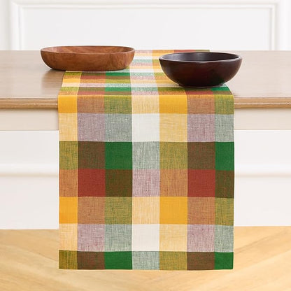 Solino Home Table Runner 60 Inches - 100% Pure Linen Buffalo Check Fall Multicolor Table Runner 14 x 60 Inch Ideal for Dresser and Coffee Tables