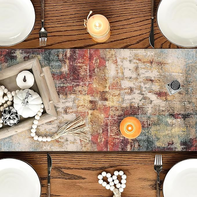 OYIMUA Modern Abstract Rust Colorful Table Runner 13 x 36 Inches Summer Runners for Tables Rustic Spring Fall Decorations for Home Indoor Outdoor Table Decor