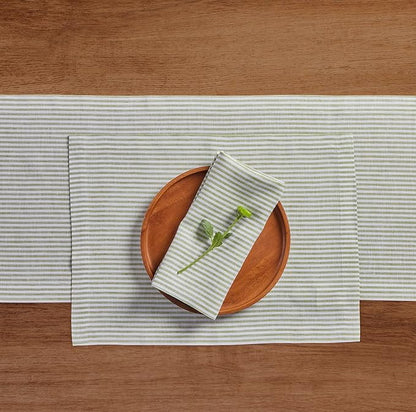 Solino Home Linen Table Runner 144 Inches Long - Narrow Stripe, 100% Pure Linen Avocado and White Table Runner 14 x 144 Inch for Dining, Spring, St Patricks Day, Easter, Spring