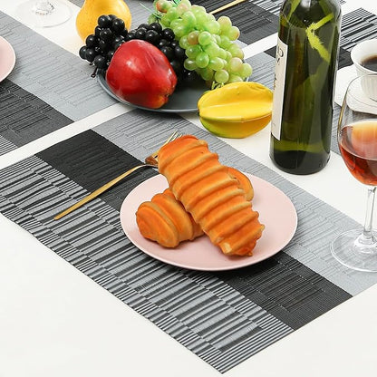 Leetaltree Grey with White Striped Placemats Set of 12 - Heat Resistant Non-Slip Place mats for Dining Table, Washable Durable PVC Vinyl Woven Table Mats（Grey Stripe, 12）