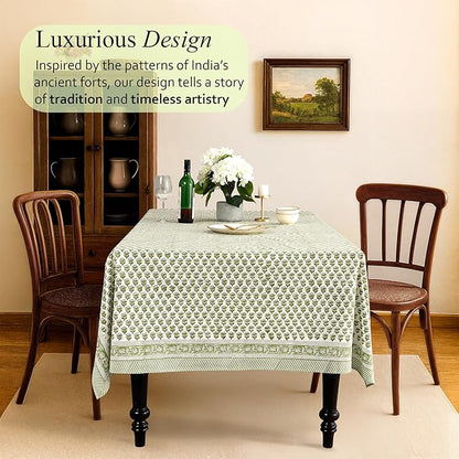 CPC Cotton Tablecloth 80x120 Inch Rectangle Indian Block Print Tablecloth- Green Washable Wedding Table Cover for Thanksgiving/Christmas- Emerald Green