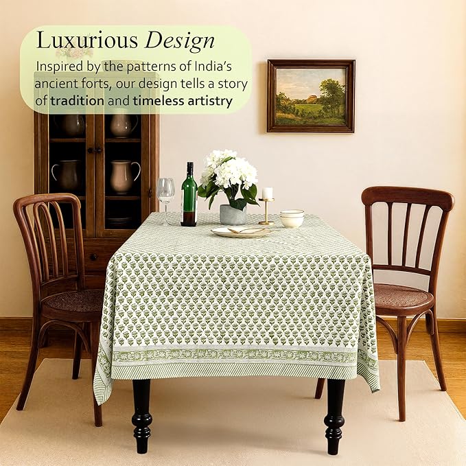 CPC Tablecloth 100% Cotton 72x160 Inch Indian Block Print Rectangle Table Cover, Green Table Cloth for Weddings, Spring/Summer, Barbeque - Emerald Green