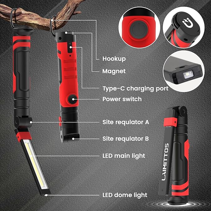 Rechargeable Work Light 2500mAh Magnetic LED Work Light Flashlight Mechanic Light Tool for Men Him, Foldable Lamp with Hook for Car Repair Emergency BBQ Grill (4 Pack)