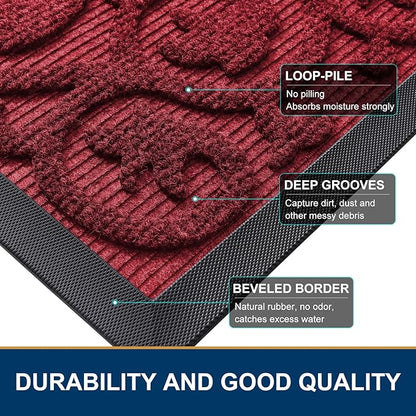 Smiry Welcome Door Mat Outside Entrance, Heavy Duty Trap Dirt and Moisture Easy Clean Low Profile Patio Porch Indoor Outdoor Front Doormat for Entry, 36x24 Inch, Burgundy
