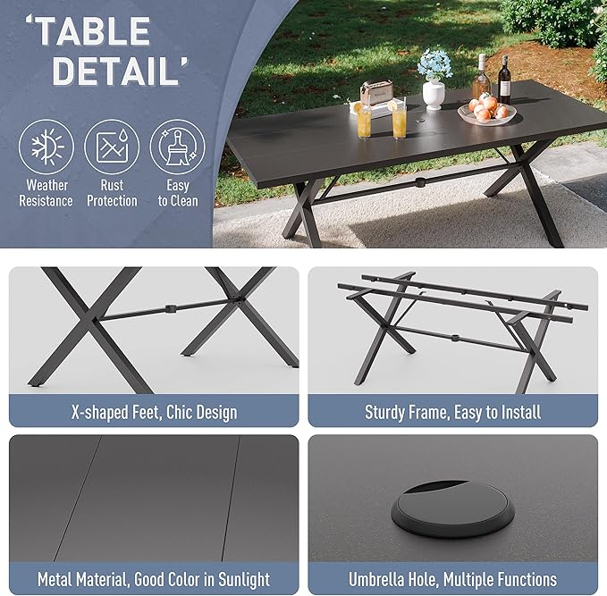 Kurapika 9-Piece Patio Dining Set, Patio Furniture Set for 8, Outdoor Large Metal Table with Umbrella Hole and Textilene Swivel/Rocking Chairs, for Garden, Deck, Porch, Pool All Weather, Brown