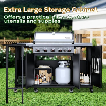 Brand-Man Propane Gas Grill Island Outdoor Kitchen & Storage Cabinets, 52000 BTUs Stainless Steel Burner Patio Cooking BBQ Grill with Side Burner - Natural Gas Convertible, Black (5 Burner)