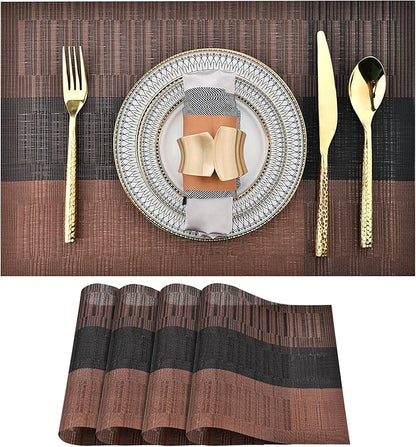 SLKQG Brown Placemats Set of 4 - Easy Clean Modern Durable Washable Vinyl Place Mats - Heat Resistant Placemats for Kitchen Table - PVC Table Mats for Dining Table (Brown Black, 4)