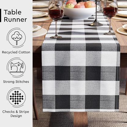 Encasa XO Cotton Dining Table Runner | Buffalo Black Checks | Size 13x48 in - Machine Washable & Durable