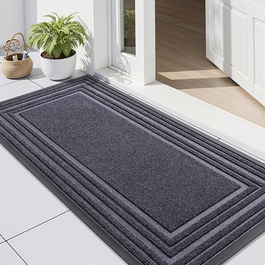 Buganda Front Door Mat Indoor Outdoor Entrance, Non-Slip Natural Rubber Doormats, Easy Clean, Low Profile, Dirt Trapper Entryway Floor Mats for Outside, Garages and Patios, 47x24, Grey
