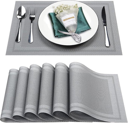 Placemats Set of 6,Washable,Heat and Stain Resistant Indoor/Outdoor Place mats,Vinyl Woven Non Slip Table Mats for Restaurant Table Protection,PVC Placemats(Gray,6PCS)