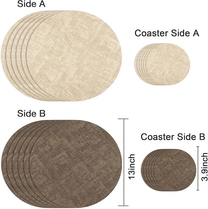 13-Inch Faux Leather Round Placemats Set of 6, Waterproof Anti-Slip Dual Sided Place mats, Heat Resistant Washable Table Mats with Coaster, Suitable for Indoor & Outdoor (6, Beige Dark Coffee)