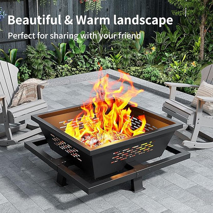 42" Large Fire Pit, Square Outdoor Fire Pit with Poker, Wood Burning FirePit for Camping, Backyard, Patio