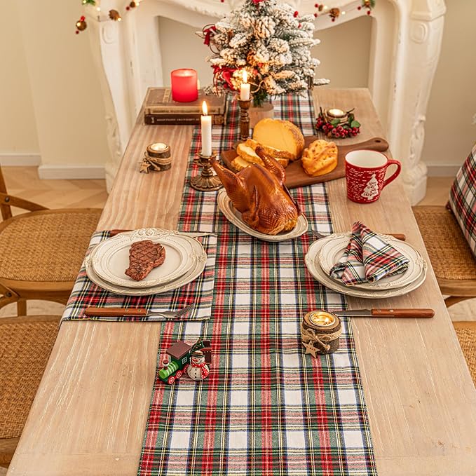Red White Plaid Christmas Table Runner, Winter Holiday Table Runners 90 inches Long, Xmas Decorations Indoor Outdoor Farmhouse Home Kitchen Dining Party Decor